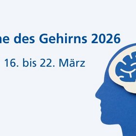 Seitlicher Umriss eines Kopfs mit Gehirn. Daneben steht der Text "Woche des Gehirns 2026, 16. bis 22. März"