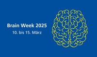 Zeichnung eines Gehirns aus der Vogelperspektive auf blauem Hintergrund, daneben Text: "Brainweek 2025, vom 10. bis 15. März".