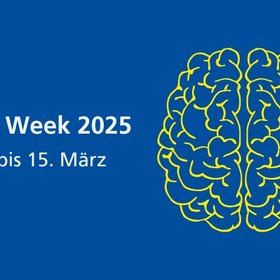 Zeichnung eines Gehirns aus der Vogelperspektive auf blauem Hintergrund, daneben Text: "Brainweek 2025, vom 10. bis 15. März".