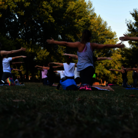 Verschiedene Menschen machen zusammen Yoga auf einer Wiese. Sie knien auf dem Boden und strecken die Arme horizontal zur Seite aus.