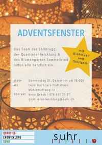 Bild eines Einladungsflyers. Es wird zum Adventsfenster am Donnerstag, 21. Dezember um 18 Uhr beim Nachbarschaftshaus am Mühlemattweg 14 in 5034 Suhr eingeladen.