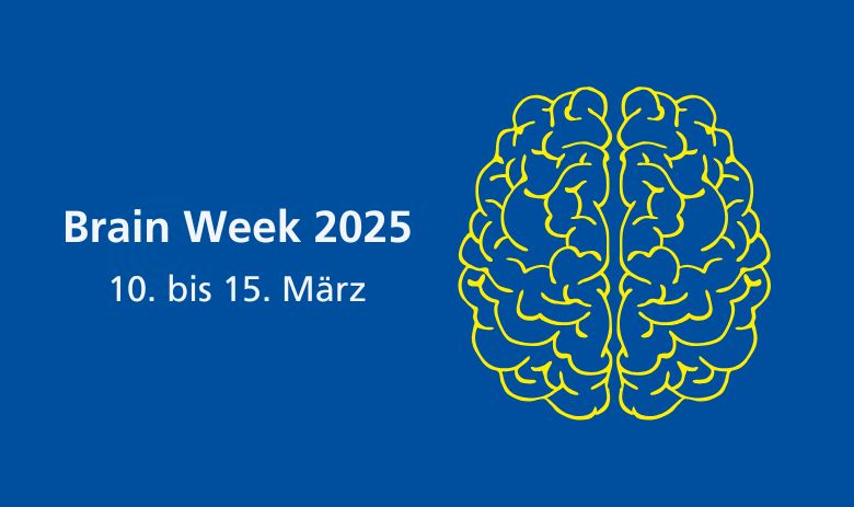 Zeichnung eines Gehirns aus der Vogelperspektive auf blauem Hintergrund, daneben Text: "Brainweek 2025, vom 10. bis 15. März".