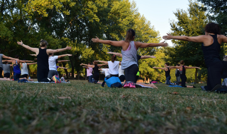 Verschiedene Menschen machen zusammen Yoga auf einer Wiese. Sie knien auf dem Boden und strecken die Arme horizontal zur Seite aus.