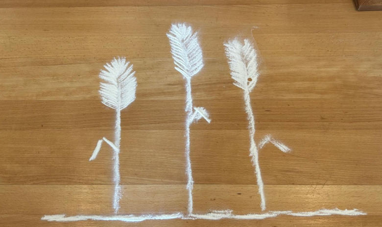 Auf einer Holzoberfläche sind drei Weizenähren mit Mehl dargestellt.